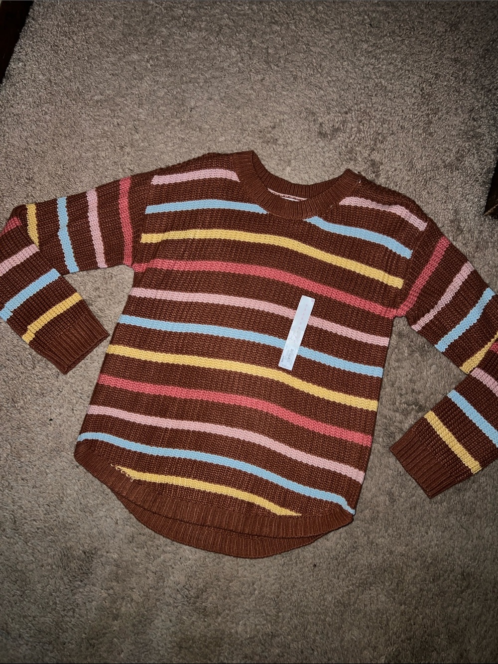SO Brown Crewneck Sweater with Yellow, Blue & Coral Stripes